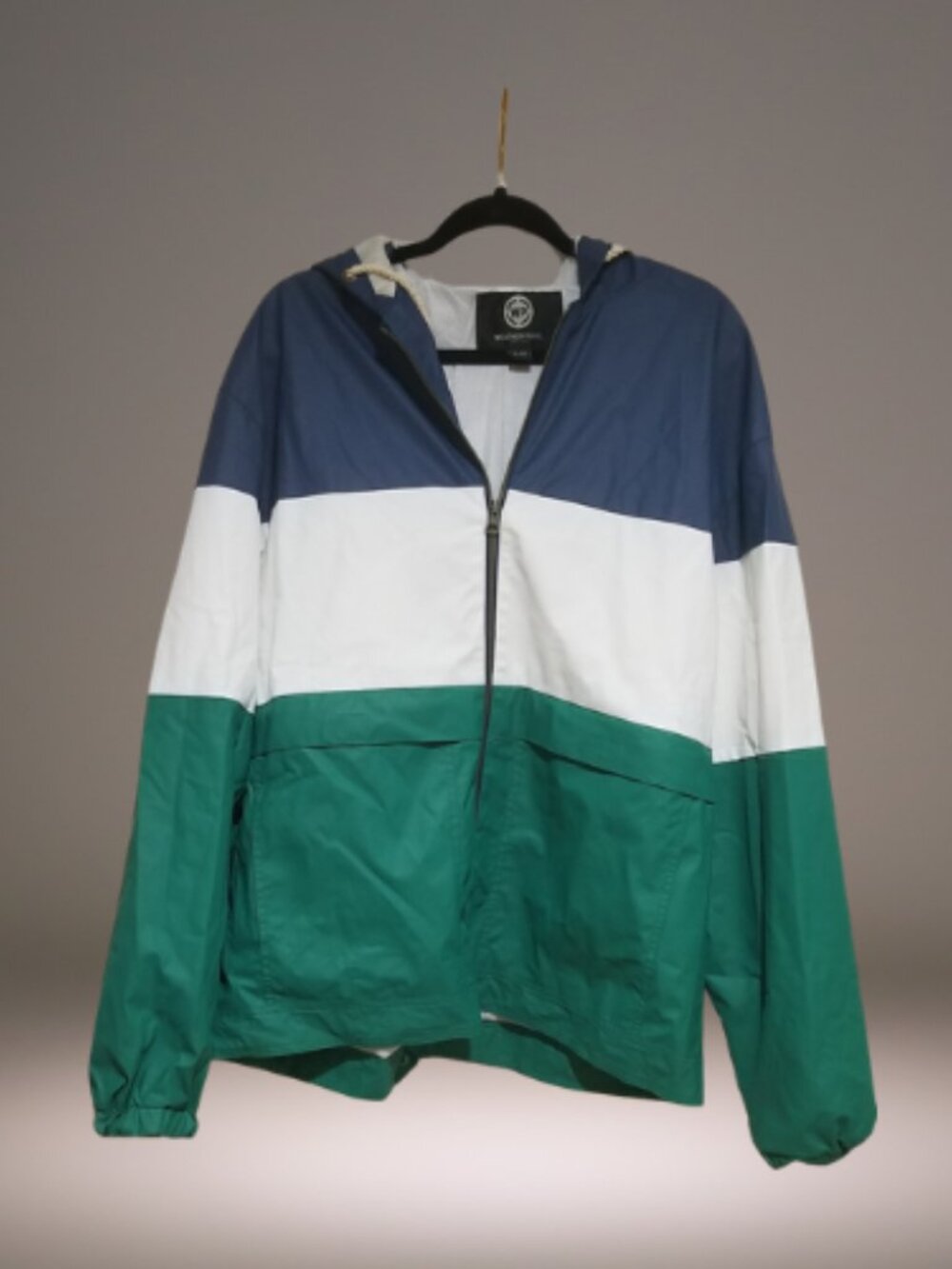 Weatherproof Men's XL Navy Green White Colorblock Hooded Windbreaker Jacket
